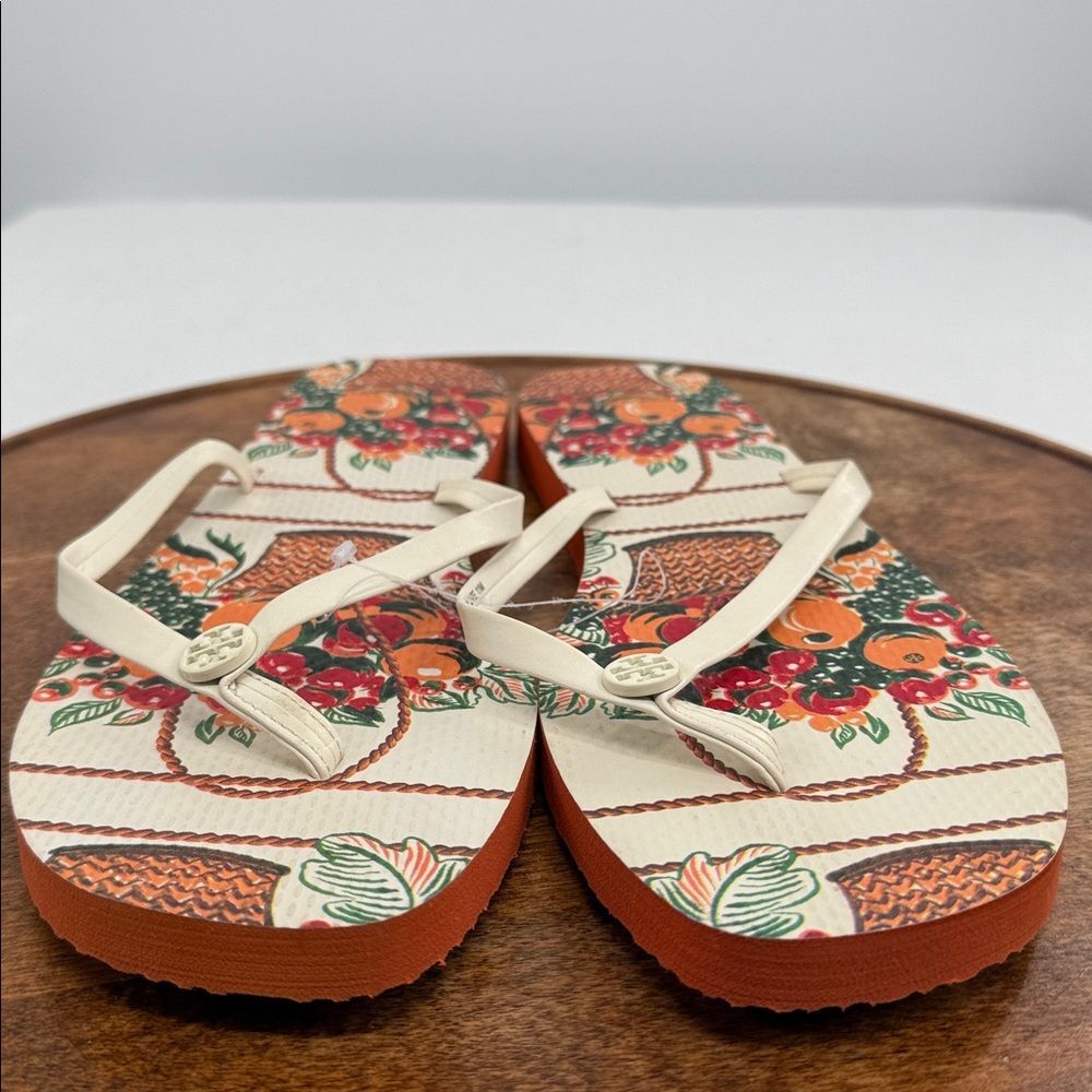 Tory Burch Sandals Wm 11 Thong Flip Flops Fall Orange Cream Cloud/Fruit Basket - Picture 2 of 9